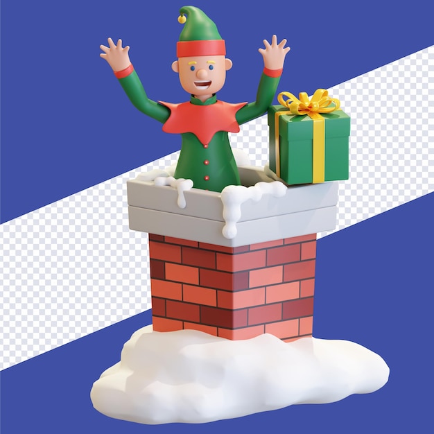 PSD christmas elf coming out of chimney with gift box christmas 3d render illustration