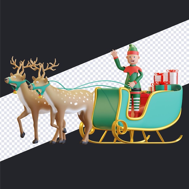 Elfo di natale che guida la slitta con due renne che trasportano una scatola regalo 3d render illustrazione