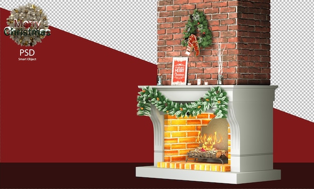 PSD christmas fireplace with warm and rustic decoration fireplace isolated