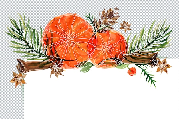 PSD christmas floral vignette with ale branches and oranges and spices