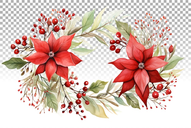 PSD christmas floral wreath png with handpainted watercolor poinsettia and pine branches