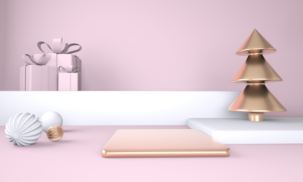 Cornice di natale fatta di decorazioni festive, scatole regalo natale in rendering 3d