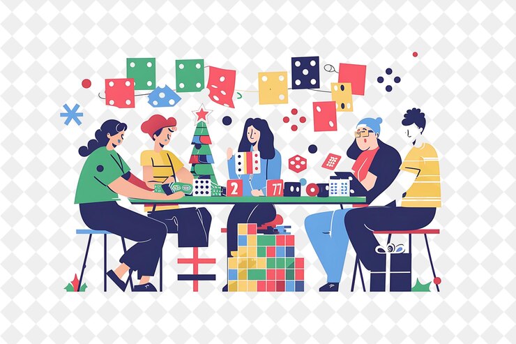 PSD christmas game night with characters playing board games and illustration christmas art design