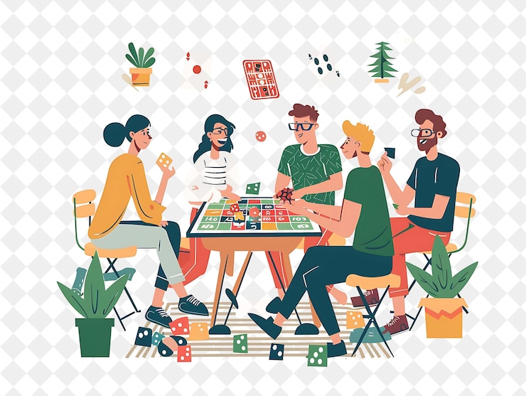 PSD christmas game night with characters playing board games and illustration christmas art design