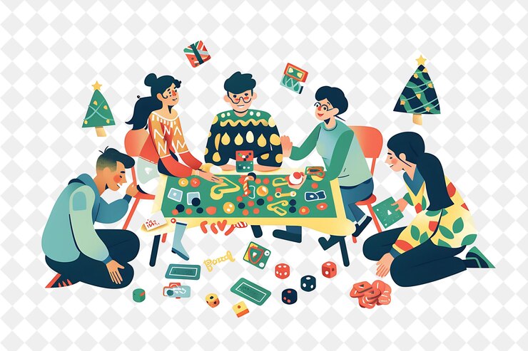 PSD christmas game night with characters playing board games and illustration christmas art design