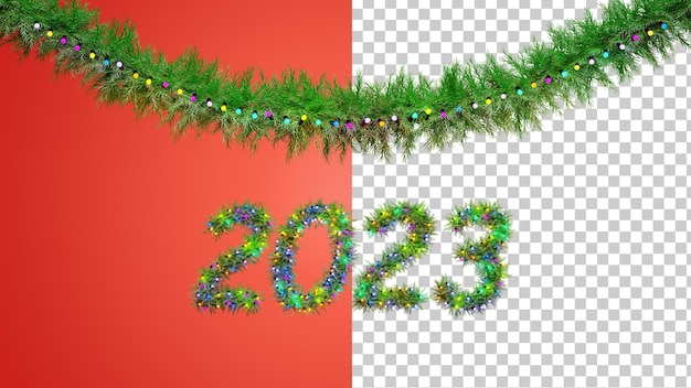 Christmas garland and number 2023 of fir branches realistic fir tree branch and garlands with bulbs