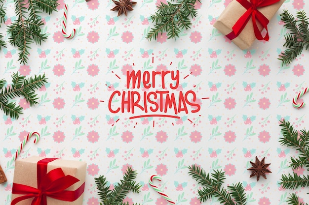 PSD christmas gift boxes on floral background top view