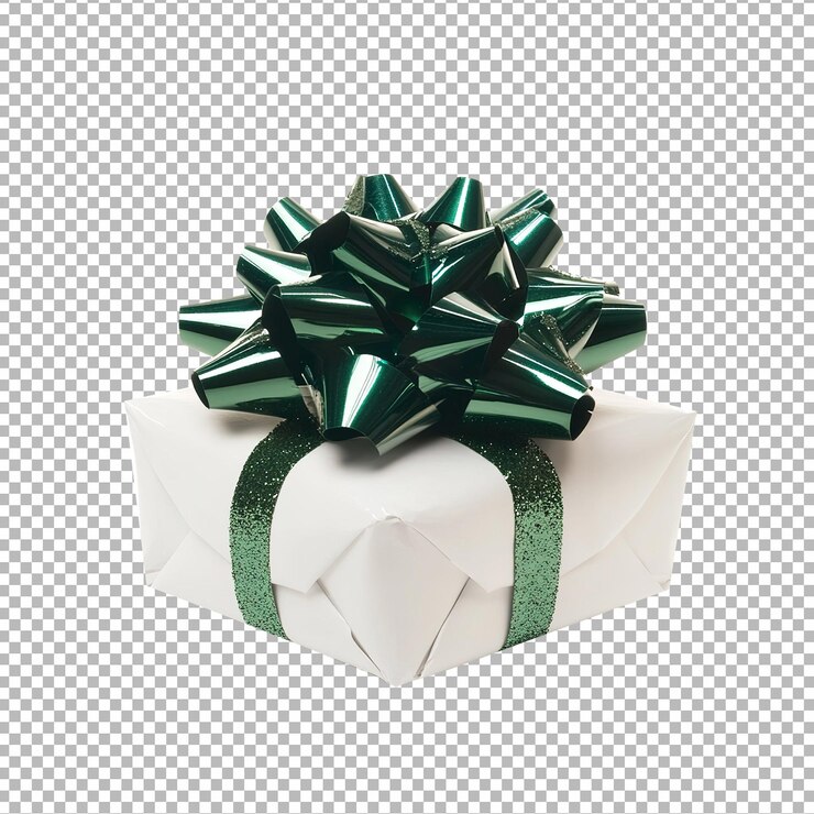 PSD christmas gift with green and white bow isolated on a white background