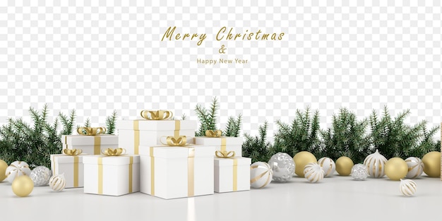 Christmas gifts box and pine branchs in 3d renderig