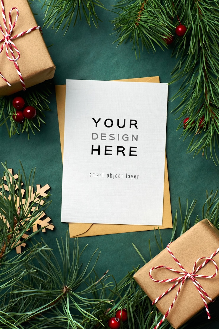 PSD christmas greeting card mockup with pine tree branches and gift boxes on green background