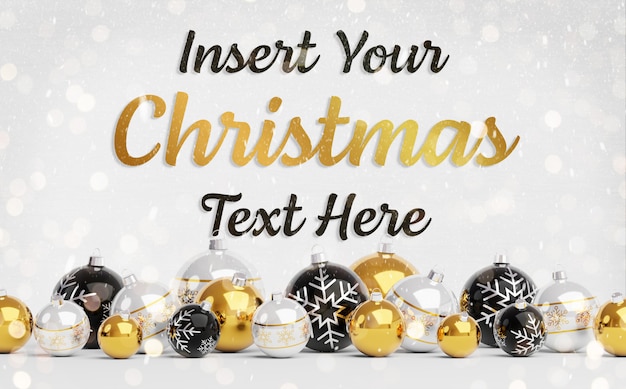 PSD christmas greeting card mockup with text and golden baubles