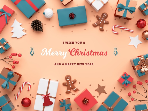 PSD christmas greeting card template with colorful gifts and festive decoration on a cream background