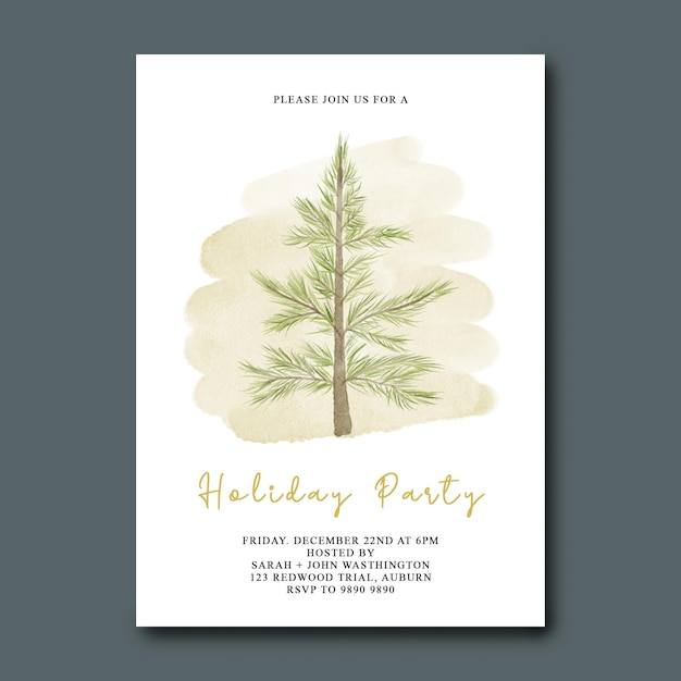 Christmas greeting card with watercolor pine tree decoration