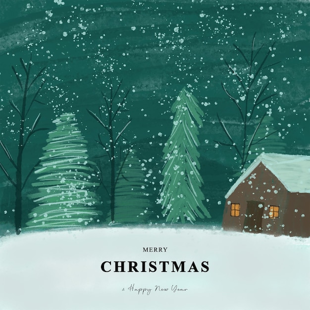 christmas greeting card with watercolor style snowfall scenery background
