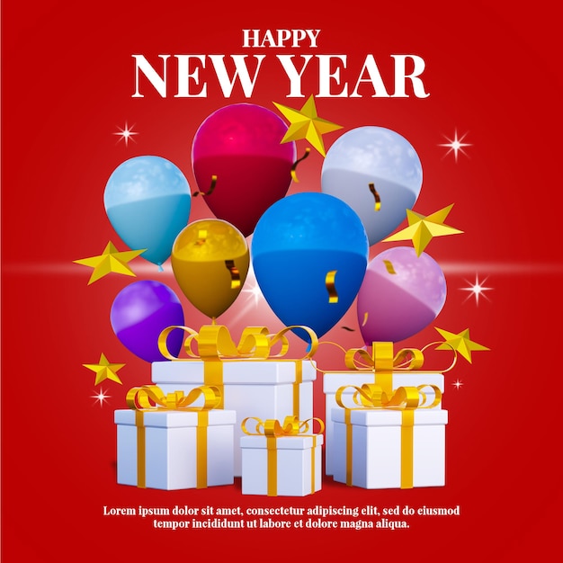 聖誕節和新年快樂的禮物盒和氣球旗<unk>社交媒體帖子模板