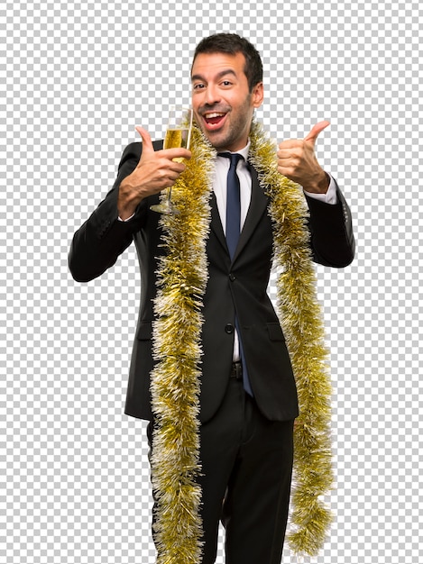 PSD evento di vacanze natalizie. uomo con champagne che celebra il nuovo anno 2019