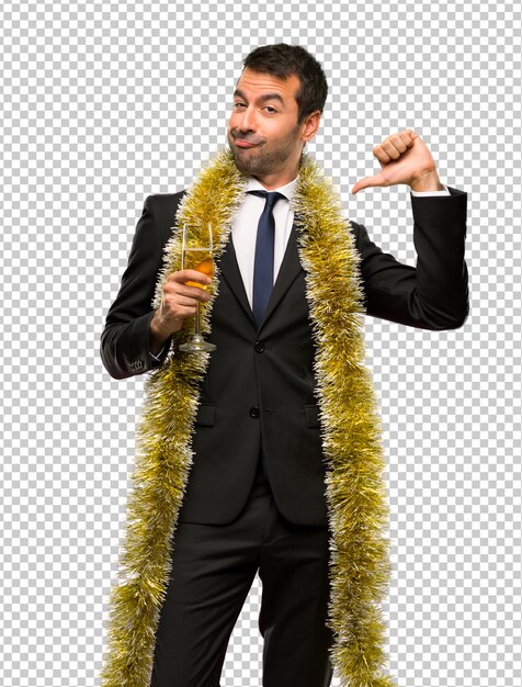 Christmas holidays event. man with champagne celebrating new year 2019