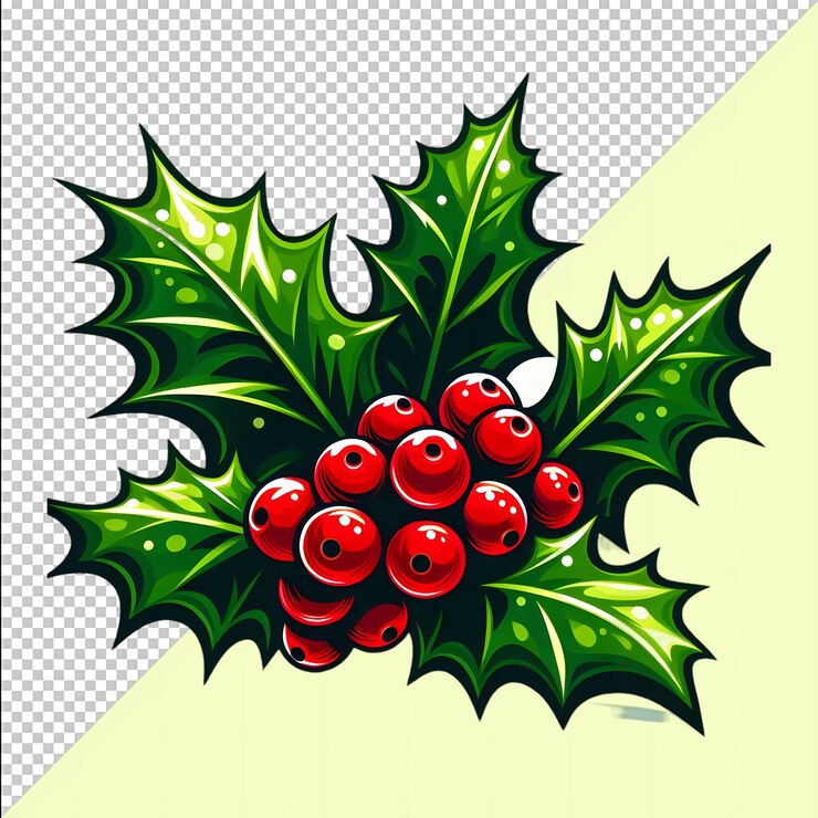 PSD christmas holly decoration clipart holly or mistletoe single branch with red berries and green leave
