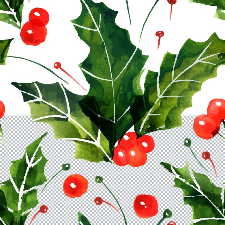PSD christmas holly watercolor seamless pattern green leaves and winter red berries