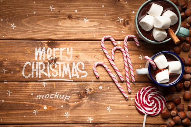 Christmas hot chocolates and sweets with copy space