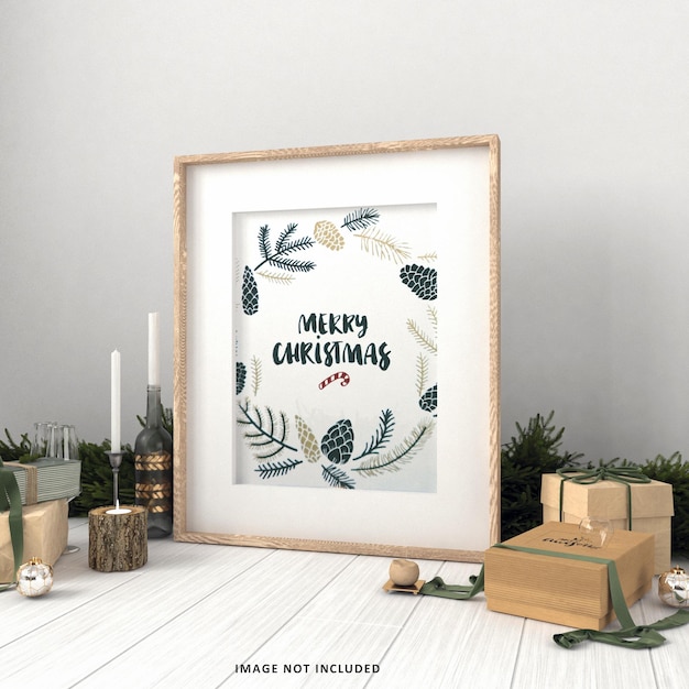 PSD christmas interior poster mock up with horizontal frame