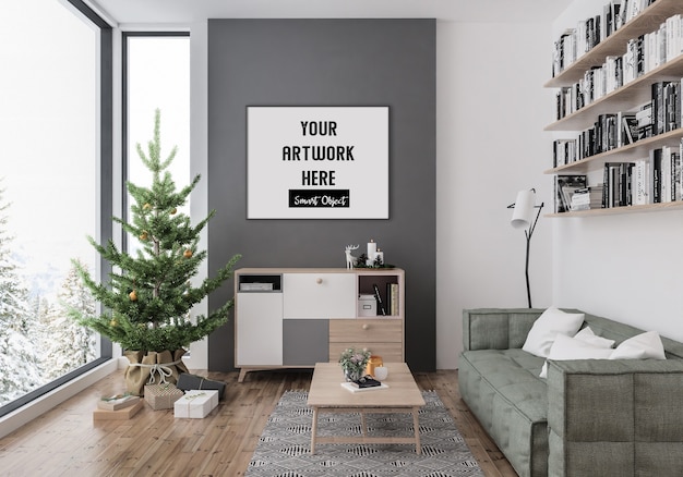 PSD interno di natale con mockup di cornice orizzontale