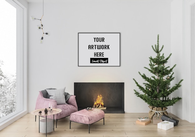 PSD christmas interior with horizontal frame mockup