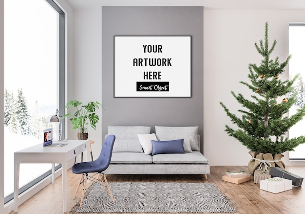 PSD interno di natale con mockup di cornice orizzontale