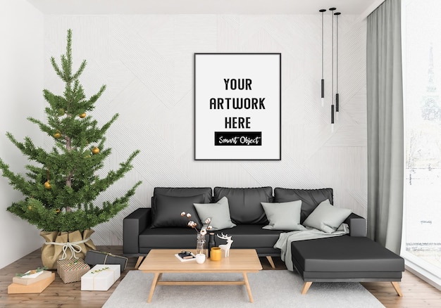 Christmas interior with vertical frame mockup