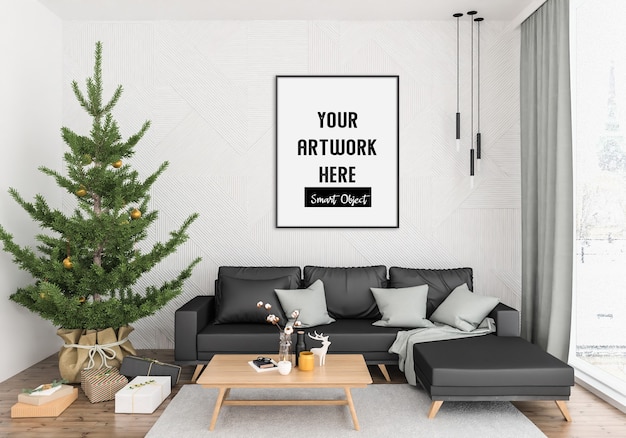 PSD interno di natale con mockup di cornice verticale