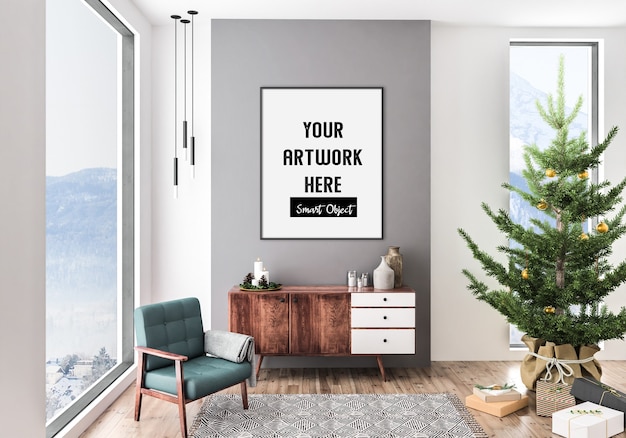 Interno di natale con mockup di cornice verticale