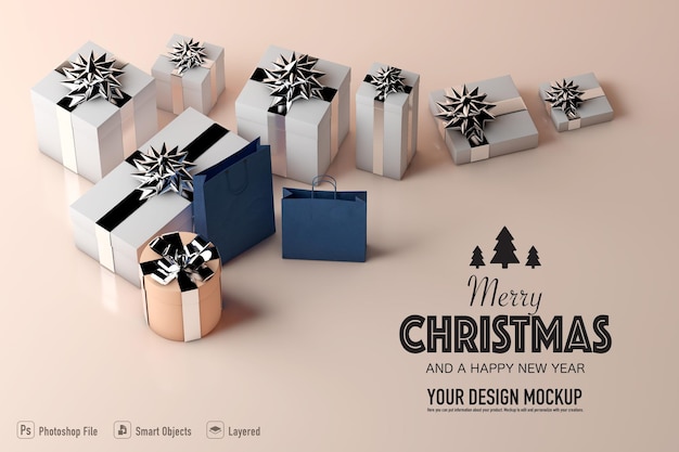 PSD christmas invitation mockup with gifts around