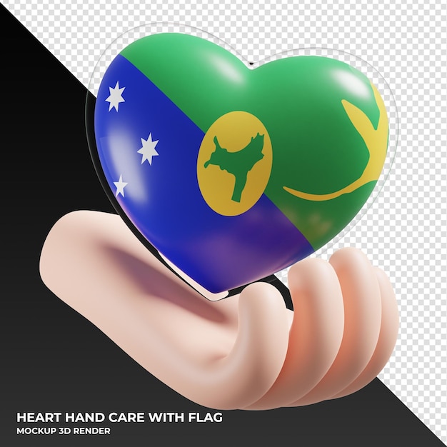 Christmas island flag with heart hand care realistic 3d textured