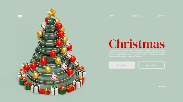 Modello di pagina di destinazione di natale con illustrazione di rendering 3d dell'albero