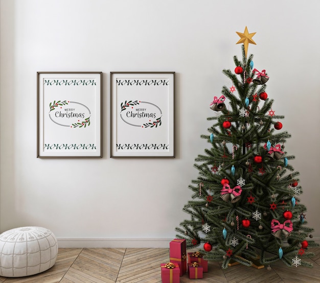 モックアップポスターフレームとクリスマスのリビングルーム