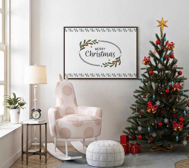 PSD christmas living room with poster frame mockup and rocking chair