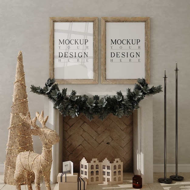 Christmas livingroom with mockup poster frame and christmas tree