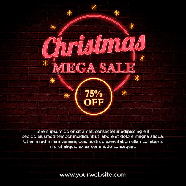 Christmas mega sale 75% off banner in neon style design