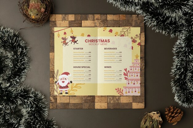 PSD christmas menu mock-up design with xmas decor