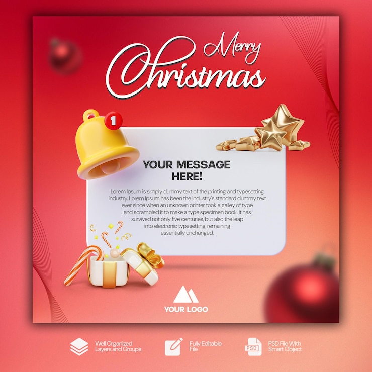 PSD christmas message template with festive ornaments on a red background for social media feed post