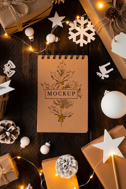 PSD christmas mock-up flat lay white decorations