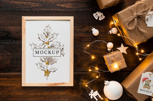 Christmas mock-up in a frame with winter lights