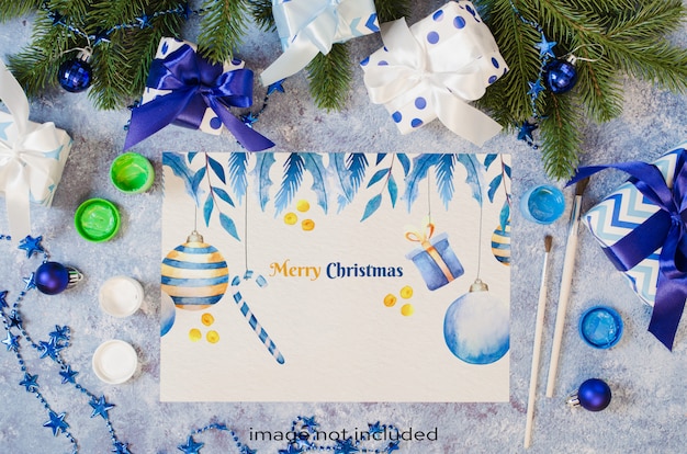 PSD christmas mock up for greeting card or letter to santa in blue color.