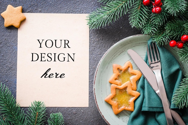 PSD christmas mockup. festive table setting with xmas decorations.