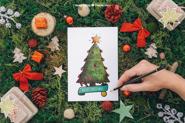 PSD christmas mockup with hand painting