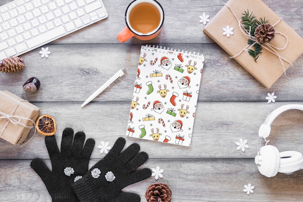 Christmas mockup with spiral notepad