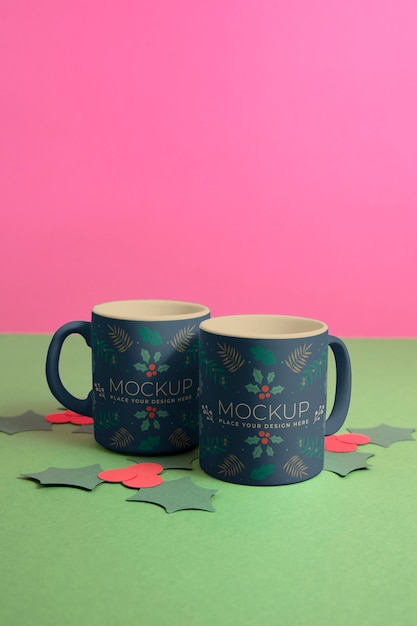 PSD christmas mug mock-up with decorations