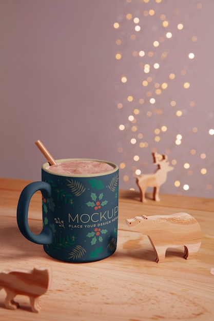 PSD christmas mug mock-up with decorations