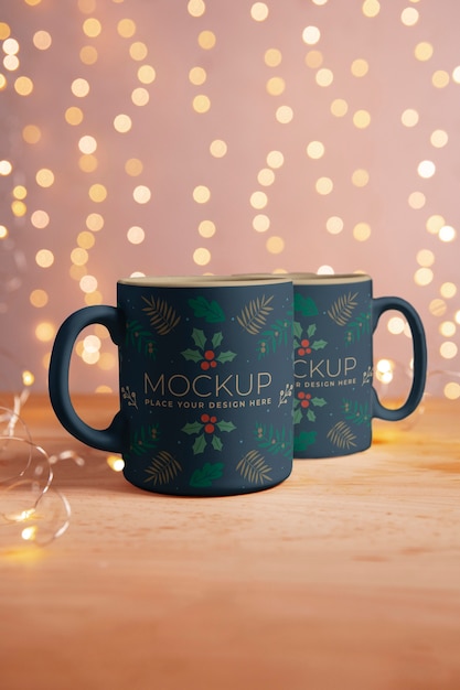 PSD christmas mug mock-up with decorations