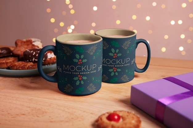 PSD christmas mug mock-up with present